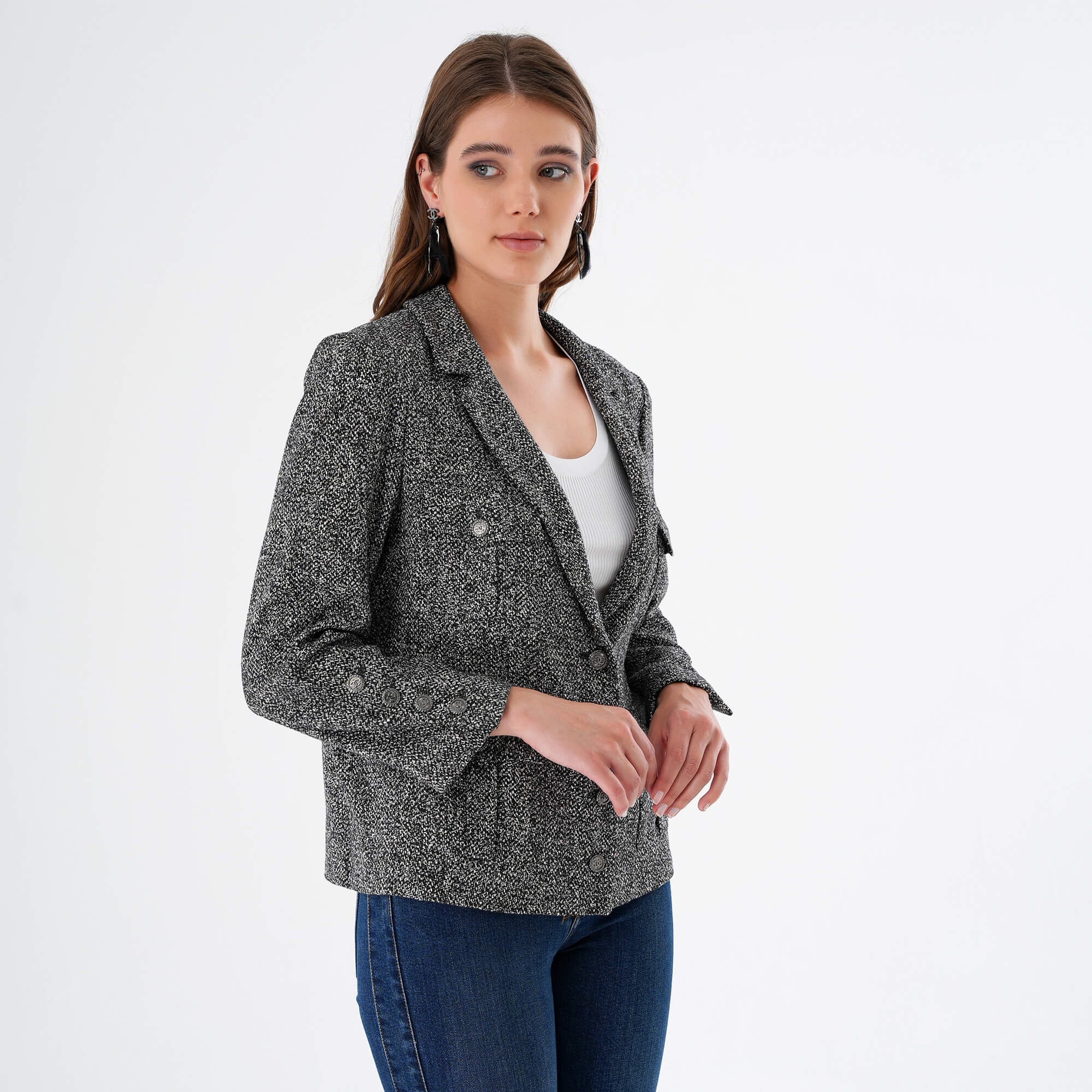 Chanel - 07P 2007 Navy Silk Tweed Blazer Jacket FR46